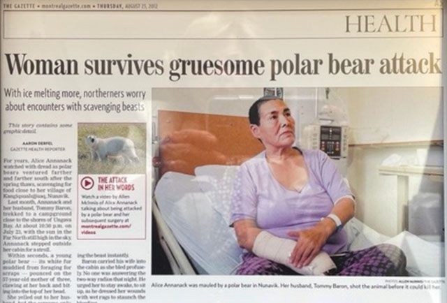 News Article: Woman survives gruesome polar bear attack